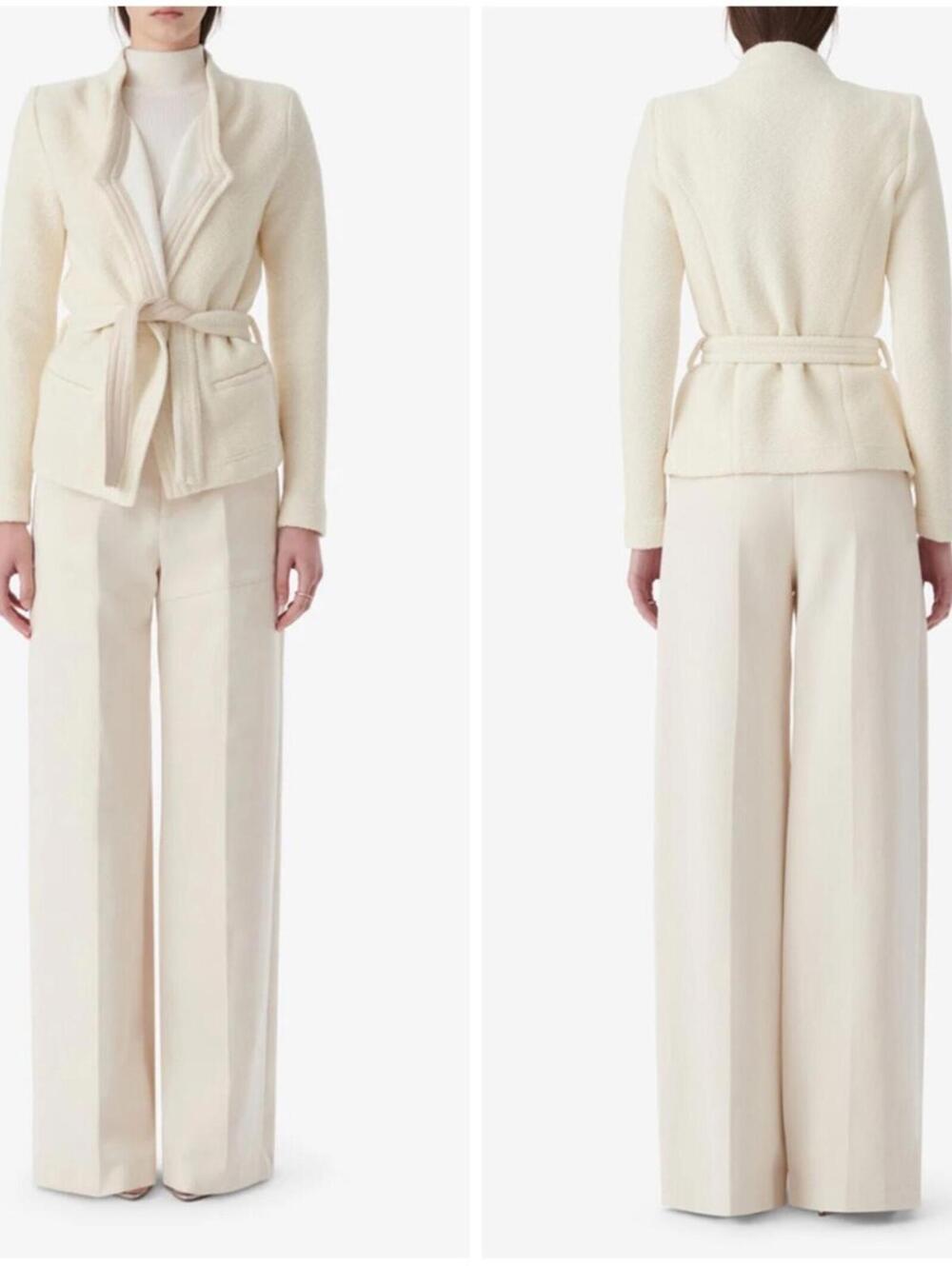 NWT IRO PARIS Euro SZ 34/ XS Belted Jacket Leather-Trim Bouclé-Knit Wool Cream - Picture 5 of 14